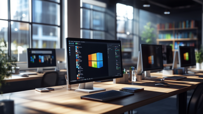 Laboratório de pesquisa da Microsoft com engenheiros de IA trabalhando em modelos avançados, rodeados por telas holográficas exibindo dados e redes neurais, representando o desenvolvimento independente de inteligência artificial pela empresa.