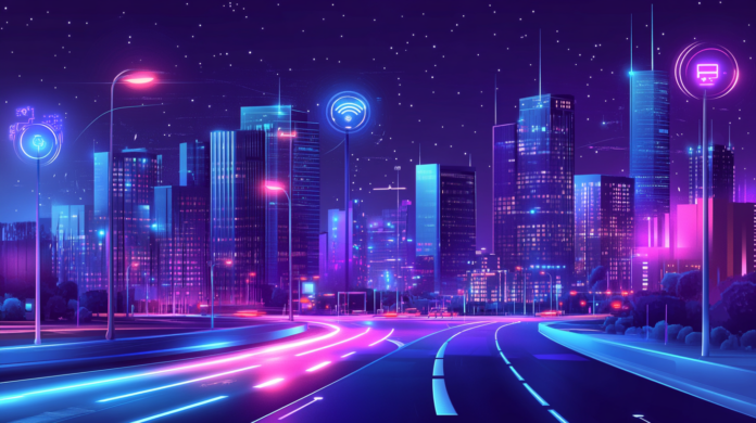 Uma cidade inteligente à noite, iluminada por postes de luz conectados que ajustam o brilho automaticamente. O tráfego é gerenciado por semáforos inteligentes e sensores monitoram a qualidade do ar. Redes 5G conectam edifícios modernos, promovendo eficiência energética e segurança urbana.