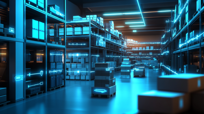 Ambiente futurista de armazém com sensores Passive IoT e etiquetas RFID aplicadas em embalagens, ilustrando comunicação sem fio de baixa energia.