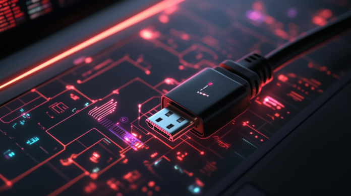 Imagem hiper-realista sobre segurança digital de um cabo USB-C preto conectado a um laptop moderno, com um corte transversal revelando um chip Wi-Fi oculto e um microprocessador interno. O fundo tem um ambiente tecnológico escuro com códigos digitais flutuantes e símbolos de alerta cibernético, destacando o perigo invisível dos cabos USB