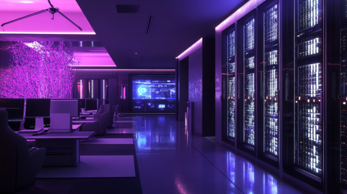 Data center futurista com servidores avançados, redes de fibra ótica e antenas 5G, destacando o crescente investimento em Tecnologia da Informação e Comunicação (TIC) no Brasil, enquanto ressalta a necessidade de medidas de segurança robustas para prevenir fraudes no ambiente digital.