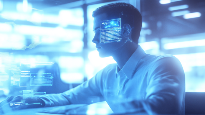 Profissional de vendas utilizando inteligência artificial nas vendas com painéis digitais para aumentar a produtividade e gerenciar múltiplos empregos.