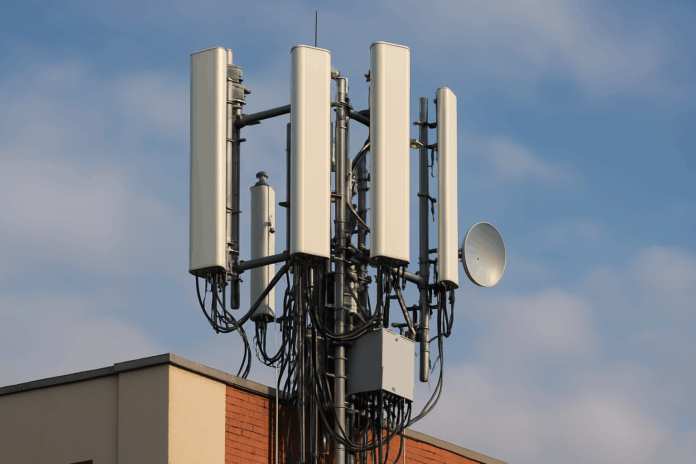 MIMO em ação: torre de telecomunicações com múltiplas antenas de entrada e saída instaladas em prédio urbano, representando infraestrutura de redes 5G.