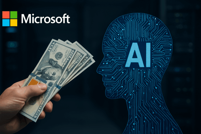 Microsoft oferece recompensa em dinheiro; mão segura dólares diante de uma IA digital, representando pagamento por falhas em inteligência artificial.