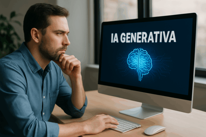 Homem concentrado analisando IA generativa em um escritório moderno, representando a evolução da inteligência artificial na criação de conteúdos.