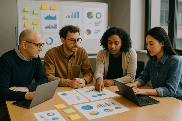 Profissional analisando cultura de dados e inteligência artificial autônoma em ambiente corporativo moderno, refletindo práticas estratégicas empresariais.