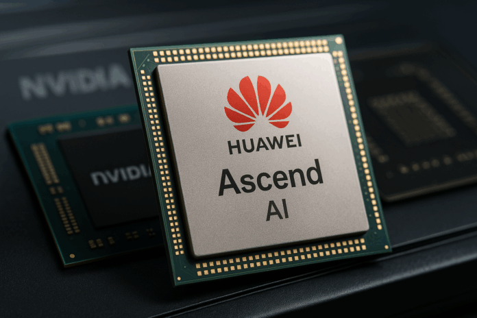 Imagem realista de um chip de IA Huawei Ascend AI em destaque, com componente da Nvidia desfocado ao fundo, representando a competição no mercado de semicondutores.