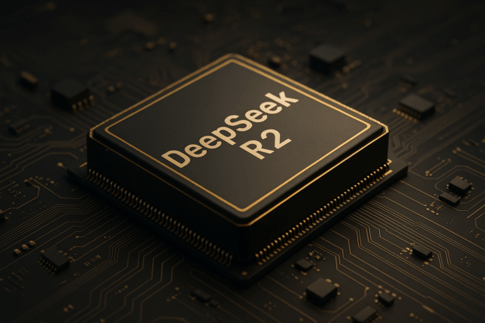 Imagem realista de um chip DeepSeek R2 sobre uma placa de circuito, representando inovação em inteligência artificial e potência de processamento.