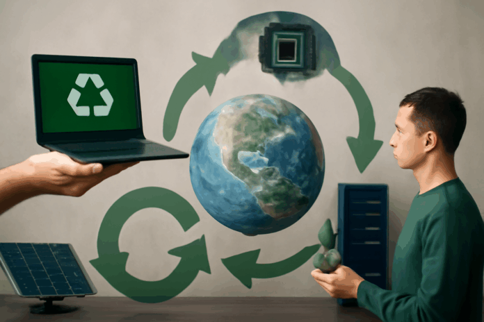 A economia circular no setor de TI promove a reutilização e o reaproveitamento de recursos, reduzindo o impacto ambiental da indústria. A imagem retrata um ambiente sustentável, onde um laptop com o símbolo de reciclagem e um globo terrestre cercado por setas verdes representam o ciclo contínuo de renovação e reutilização. O homem na imagem, segurando uma planta, simboliza o compromisso com a preservação do meio ambiente, enquanto a presença de um painel solar e uma torre de servidores destaca o uso de tecnologias ecologicamente responsáveis. A cena reflete a convergência entre inovação tecnológica e práticas sustentáveis, essenciais para o futuro da TI.
