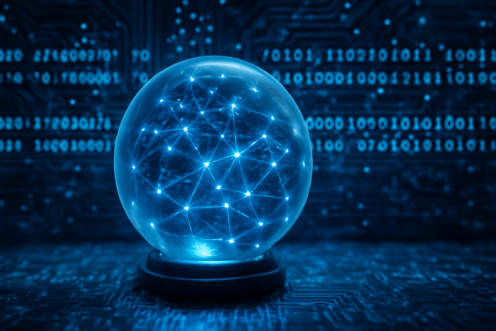 Esfera de criptografia quântica iluminada, representando a complexidade dos qubits em um fundo de código binário, simbolizando a segurança digital avançada proporcionada pela criptografia quântica.