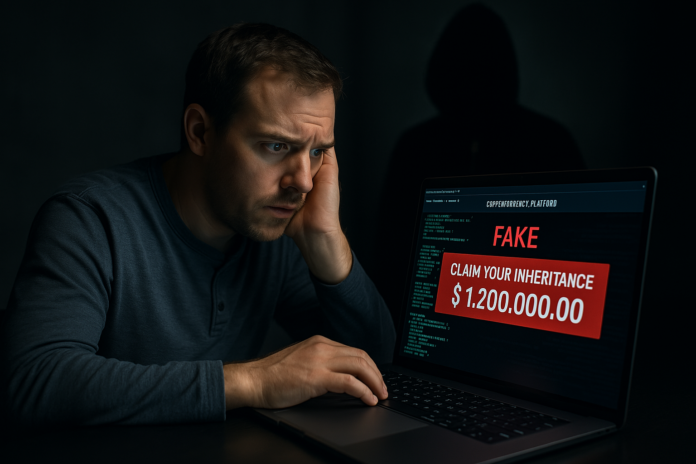 Golpe de phishing mostrando um homem preocupado, sentado em uma mesa escura, focado em um laptop que exibe uma mensagem de herança falsa de 1,2 milhão de dólares. Uma figura sombria e encapuzada aparece ao fundo, representando a ameaça do roubo de dados pessoais.
