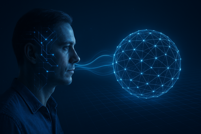 Computação espacial representada por uma esfera tridimensional conectada a um perfil humano com padrão de rede neural, simbolizando a integração com inteligência artificial em um cenário futurista.