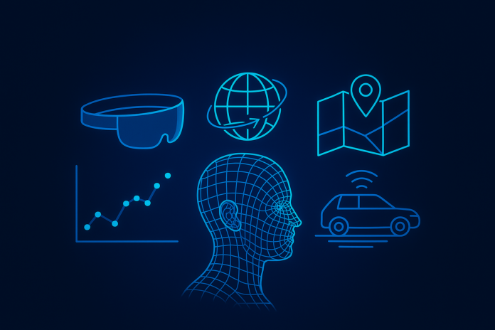 Ilustração digital representando elementos de computação espacial, com uma cabeça em wireframe, headset de AR, globo, mapa, gráfico e carro autônomo, todos iluminados em um fundo azul escuro, simbolizando as aplicações e o impacto da computação espacial no futuro.