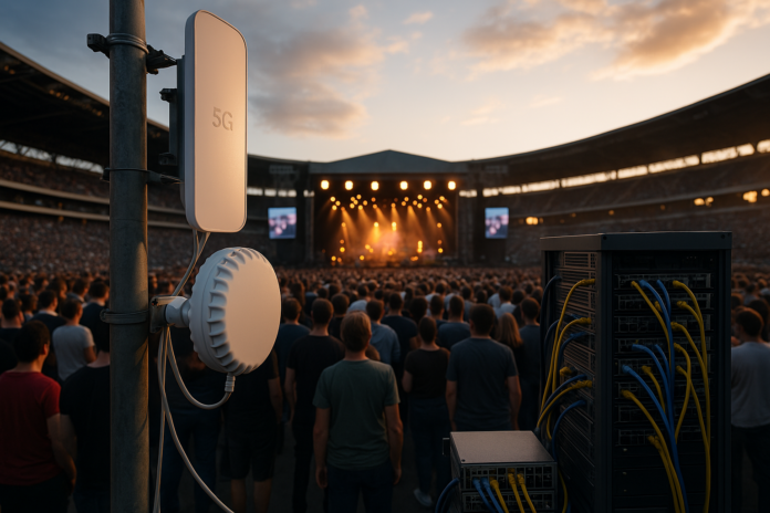 Imagem de um evento ao vivo mostrando a conectividade em eventos ao vivo, com o público interagindo com dispositivos móveis e a infraestrutura tecnológica de fundo, representando a evolução da conectividade com 5G e IoT.