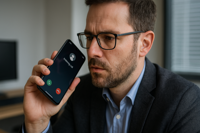 Stir/Shaken em uso durante chamada telefônica, com homem analisando autenticação no smartphone, ilustrando combate ao spoofing e segurança digital.