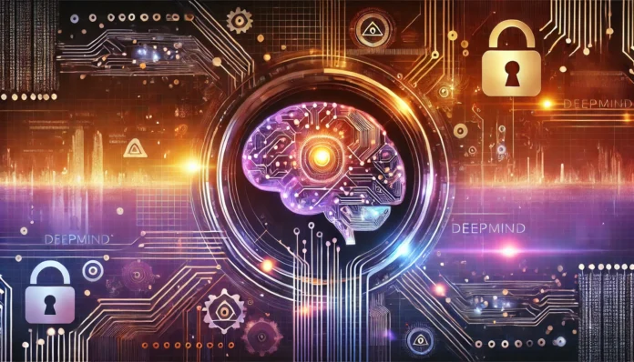 Imagem futurista e dinâmica representando inteligência artificial e cibersegurança, com a integração sutil do logo DeepMind. O fundo combina tons de roxo e laranja, simbolizando inovação tecnológica e pesquisa em segurança digital.