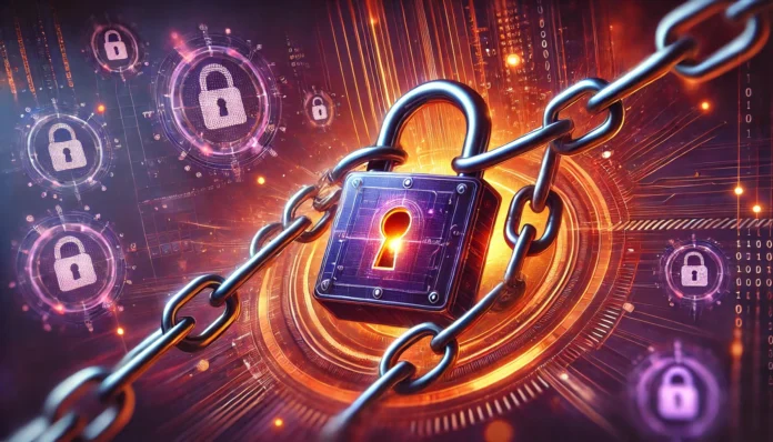 Representação de uma falha de segurança digital com correntes e um cadeado nas cores roxo e laranja, simbolizando a vulnerabilidade a ataques de hackers.