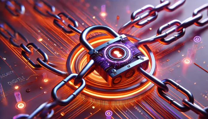 Representação de uma falha de segurança digital com correntes e um cadeado nas cores roxo e laranja, simbolizando a vulnerabilidade a ataques de hackers. A imagem transmite a ideia de proteção e risco cibernético, com elementos visuais futuristas e digitais.