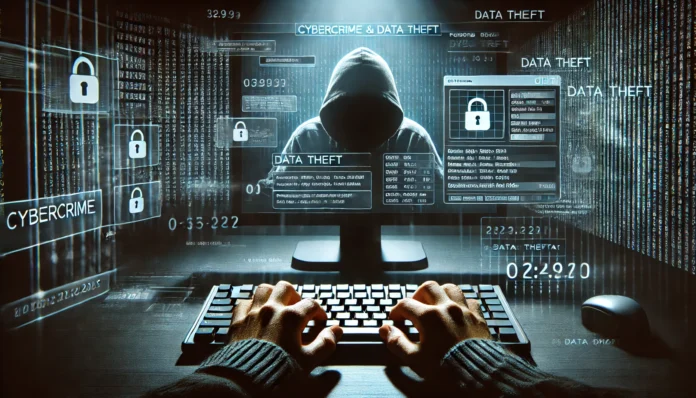 Crime cibernético representado por um hacker digitando no teclado em um ambiente digital sombrio, com fluxos de dados e informações pessoais, como números e códigos, sendo transferidos. A imagem transmite a sensação de crime cibernético e roubo de dados
