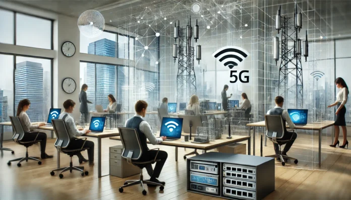 Conectividade sem fio em ambiente corporativo moderno, com funcionários utilizando dispositivos móveis e laptops, integrando redes 5G e Wi-Fi para uma infraestrutura dinâmica e ágil.