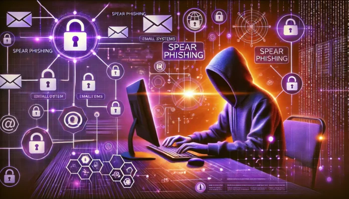 Ilustração detalhada de um hacker realizando um ataque de spear phishing em uma organização, com elementos digitais e símbolos de segurança cibernética em tons de roxo e laranja. A imagem destaca o conceito de spear phishing, com o hacker usando um computador para acessar sistemas corporativos, representando o risco de segurança online.