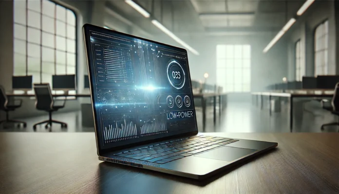 Advanced Low Power Island é destacada na tela de um laptop moderno e elegante, exibindo dados sobre desempenho e eficiência energética.