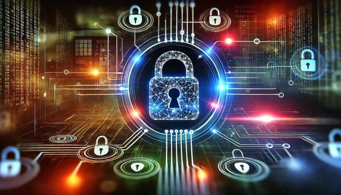 Representação abstrata e digital de spoofing e phishing na segurança cibernética. A imagem ilustra linhas de rede interconectadas, fechaduras digitais e uma sensação de vulnerabilidade, simbolizando fraudes e manipulação digital associadas ao spoofing. O fundo escuro é contrastado com cores neon, destacando o fluxo de dados e as ameaças cibernéticas.