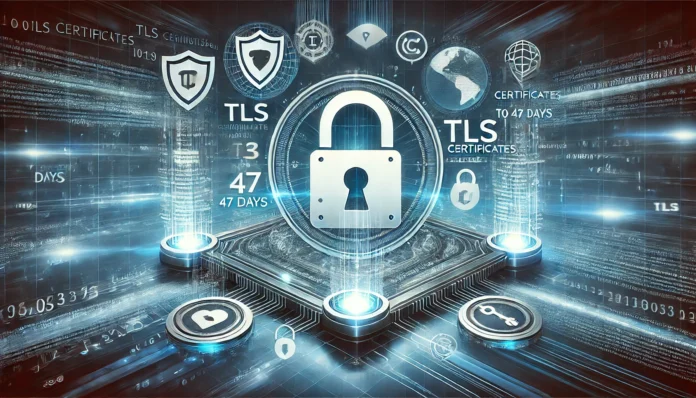 Conceito digital de segurança representando certificados TLS, com ênfase em segurança na internet e criptografia. A imagem inclui elementos visuais como um cadeado, ícone de certificado e dados digitais fluindo, com fundo moderno e tons azuis simbolizando confiança e segurança.