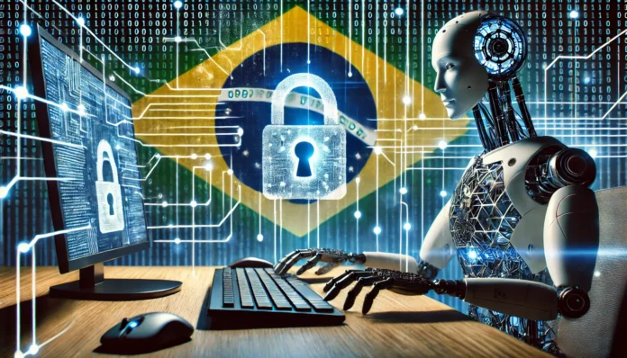 Ciberataques com inteligência artificial no Brasil, mostrando redes digitais, elementos de cibersegurança e ameaças cibernéticas com um toque visual da bandeira brasileira.