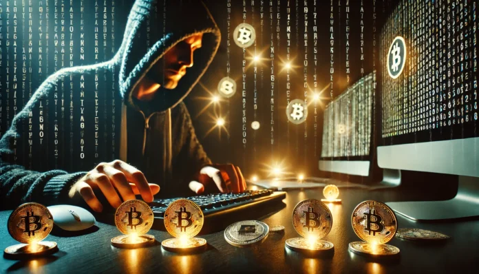 Um hacker sentado à frente de um teclado em um ambiente escuro, com moedas digitais brilhando ao fundo. A cena transmite a atmosfera de atividade cibernética ilícita, destacando o papel do hacker no contexto de crimes digitais.