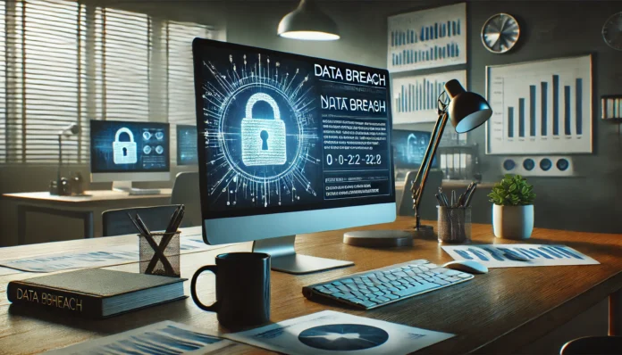 Um ambiente corporativo com um computador exibindo uma notificação de violação de dados, simbolizando um acesso indevido. O escritório inclui gráficos financeiros, documentos e uma xícara de café, criando uma atmosfera tensa e destacando o tema de segurança de dados.