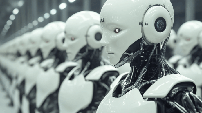 Agentes de IA representados por robôs humanoides alinhados em série, simbolizando o avanço da inteligência artificial nas empresas.