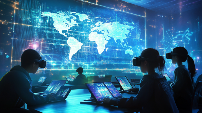 Sala de aula futurista com estudantes utilizando tecnologias avançadas como tablets, quadros inteligentes e headsets de realidade virtual. Ao fundo, um mapa holográfico simboliza a conectividade significativa e a transformação digital na educação, destacando a importância da conectividade global para o aprendizado do futuro.