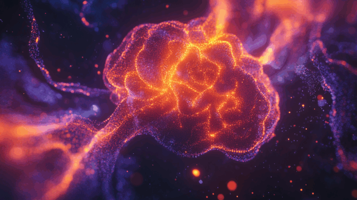 Imagem representando IA generativa, com um cérebro digital futurista composto por redes neurais interconectadas, iluminado em tons de azul e roxo, simbolizando a criação de novas ideias e soluções pela inteligência artificial.