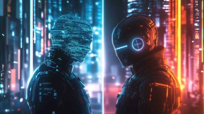 Representação realista da inteligência artificial atuando na cibersegurança, protegendo sistemas contra fraudes digitais avançadas.