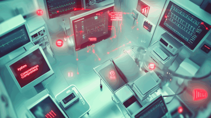 Imagem realista de um hospital moderno com computadores e dispositivos médicos conectados, ilustrando a vulnerabilidade dos sistemas a ataques cibernéticos no setor de saúde, com códigos binários e alertas visuais indicando falhas de segurança.