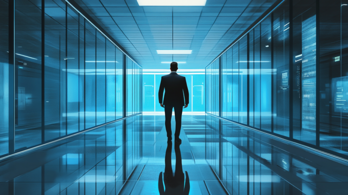 Líder de TI caminhando por um corredor de alta tecnologia, com iluminação azul e servidores ao fundo, representando a liderança e a inovação no setor de tecnologia da informação.