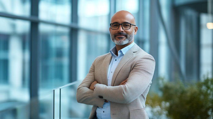 CIO atuando como estrategista de negócios em um ambiente corporativo moderno, analisando dados em uma tela holográfica, com elementos de inteligência artificial ao fundo, simbolizando a transformação digital.