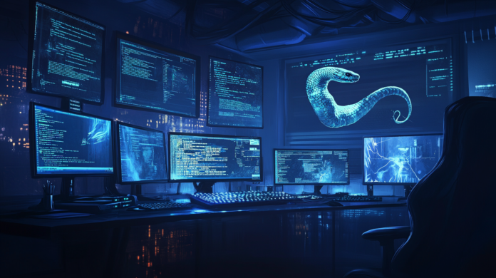 Ilustração realista de um ataque cibernético em andamento com representação simbólica do backdoor Anubis, mostrando acesso remoto a sistemas Windows em um ambiente escuro e técnico.