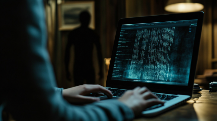 Pessoa usando laptop com site de documentos legais na tela, enquanto o malware Gootloader age de forma invisível ao fundo, representando uma ameaça cibernética disfarçada.