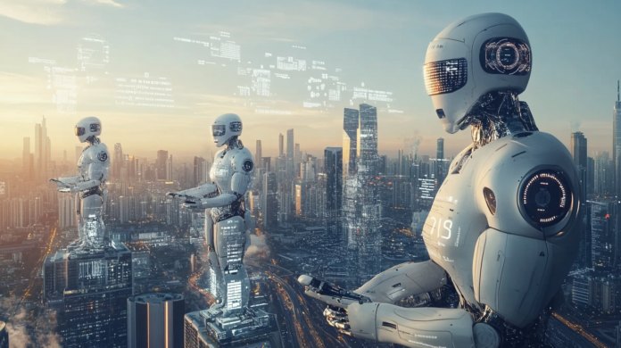 Representação realista do impacto da Inteligência Artificial na economia global, com humanos e robôs trabalhando juntos em um ambiente urbano tecnológico.