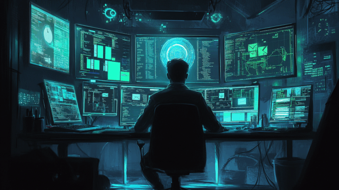 Hacker usando inteligência artificial para criar ataques de phishing, com múltiplas telas exibindo e-mails e análise de dados. O hacker está sentado em uma sala escura, iluminada por luzes azuis e verdes das telas, destacando a tecnologia avançada e a IA utilizada nas campanhas de phishing.