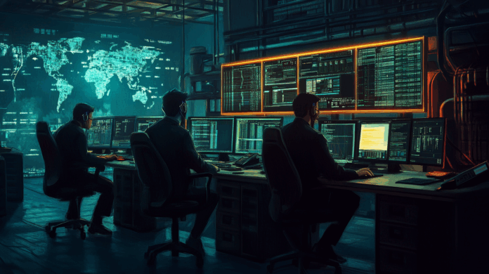 Profissionais monitorando gráficos de Cibersegurança em centro de telecomunicações, com foco na proteção de dados e infraestrutura tecnológica.