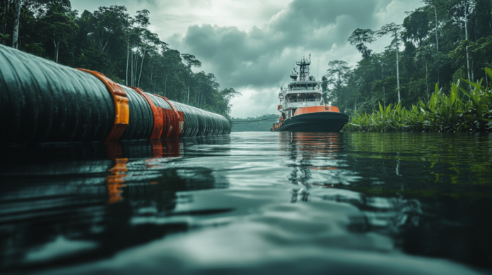 Instalação de rede óptica no leito de rio amazônico, com navio realizando estudo hidrográfico, cercado por floresta tropical.