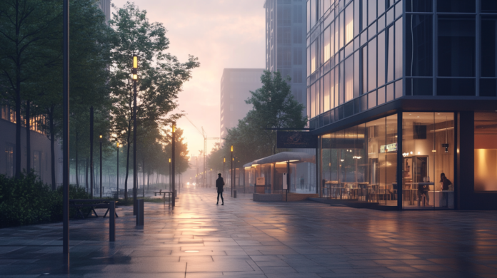 Cloud Next 2025: Paisagem urbana ao amanhecer com edifícios modernos refletindo a luz do sol, ruas tranquilas com poucas pessoas caminhando, um café na esquina, e tons suaves de rosa e laranja no céu, criando uma atmosfera serena com uma leve névoa.