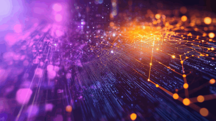 Imagem abstrata representando ataques cibernéticos, com redes de dados interconectadas e luzes brilhantes, simbolizando o fluxo de informações e a vulnerabilidade das infraestruturas digitais a riscos de segurança.
