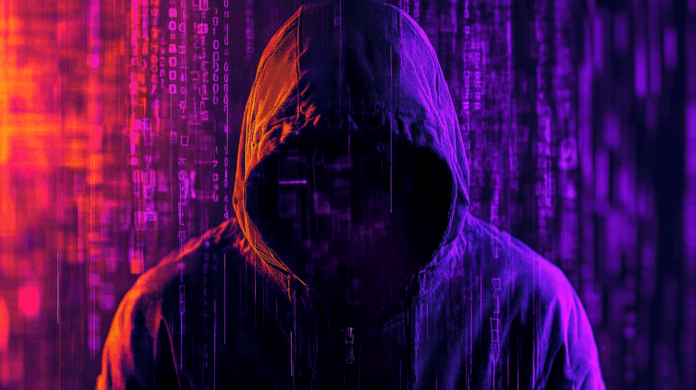 Imagem de um hacker com capuz, em um ambiente escuro, utilizando um laptop para realizar ataques a firewalls e explorar vulnerabilidades em sistemas de segurança cibernética.