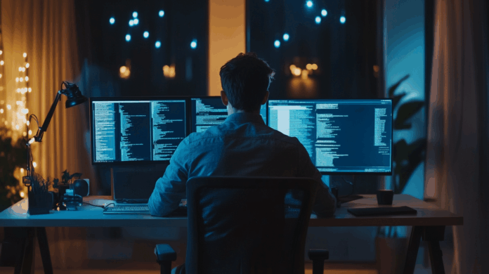 Foco em ataque de phishing: Profissional de TI sentado em uma mesa de escritório à noite, monitorando múltiplos códigos de programação em três monitores.