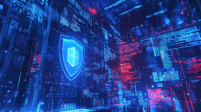 Representação visual do Patch Tuesday abril 2025 com escudo de segurança e sistemas protegidos contra falhas e vulnerabilidades exploradas.