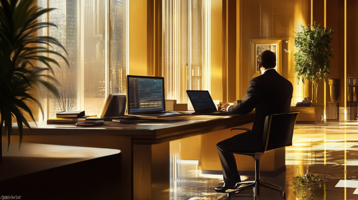 Cena realista em um escritório corporativo moderno ilustrando uma situação de espionagem industrial, com um funcionário trabalhando no computador enquanto é discretamente observado por um agente infiltrado.
